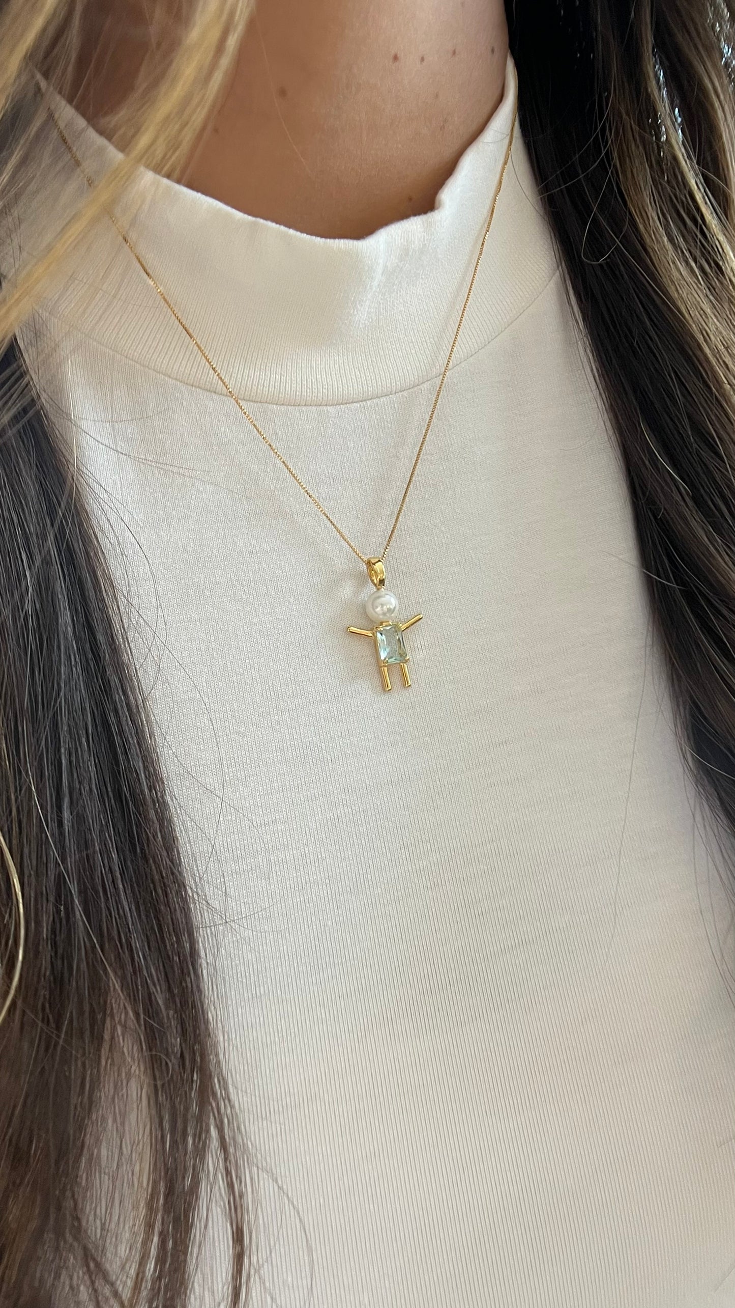 Pearl and light blue sparkling stone Boy Pendant– 18K Gold Plated