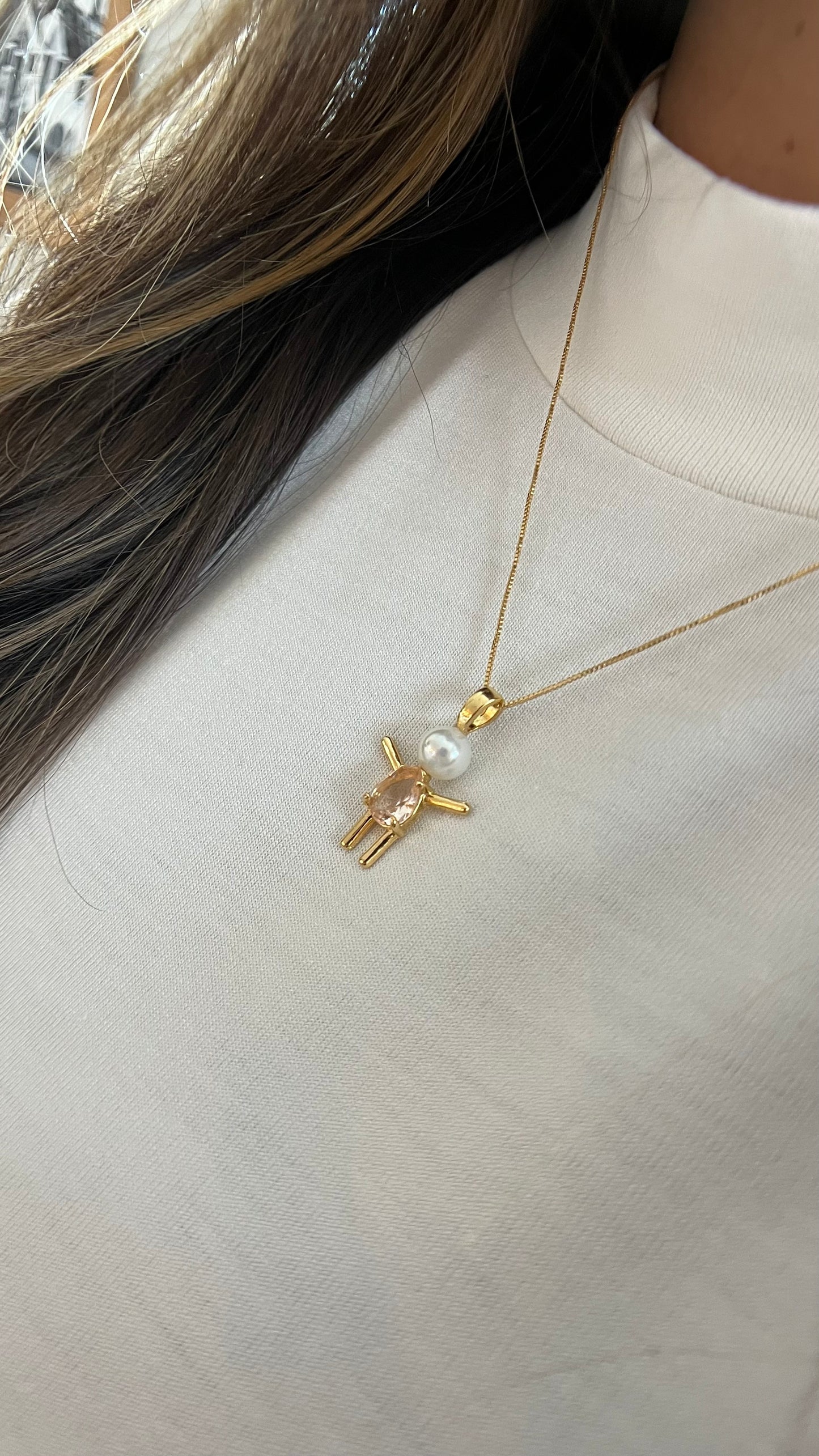 Pearl and blush pink sparkling stone Girl Pendant – 18K Gold Plated