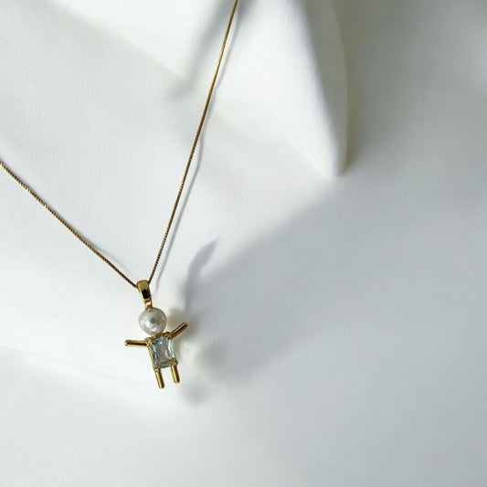 Pearl and light blue sparkling stone Boy Pendant– 18K Gold Plated