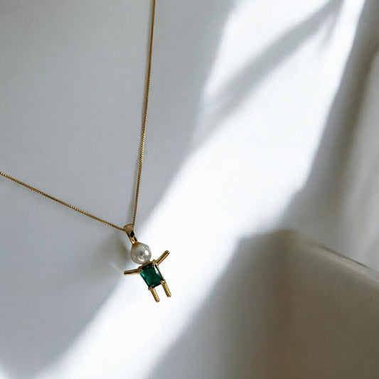 Pearl and emerald green sparkling stone Boy Pendant– 18K Gold Plated